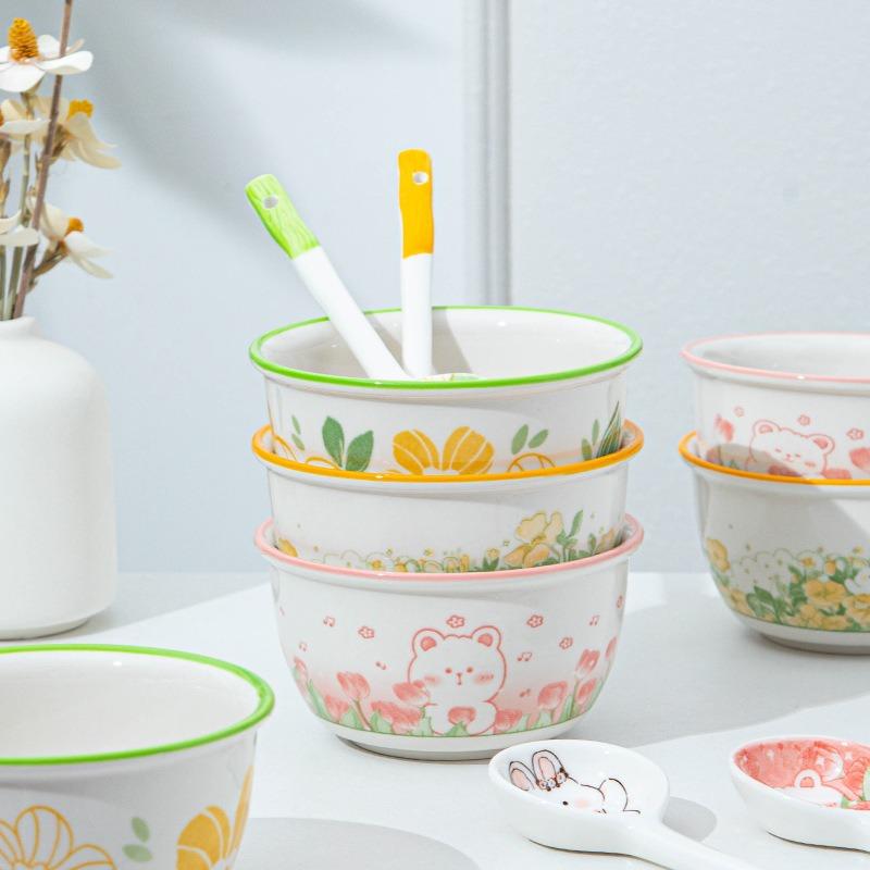 Мультяшный кролик медведь керамические миски и ложки набор для детей креативный цветочный узор миска керамическая посуда детская миска ложка