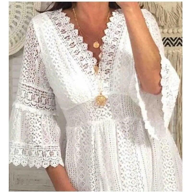 Hollow Out Lace White Summer Dress Women Casual V-neck High Waist Casual Dress Elegant Flare Sleeve Short Dresses Vestidos 28307