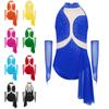 Girls Figure Skating Dress Rhinestone Leotard Sheer Mesh Cutout Back Asymmetrical Skirt Lyrical Dance Performance Outfit Includes Gloves