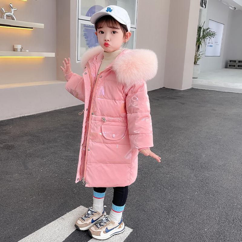 Children's Down Jacket Mid-length Shiny Winter New Style Fashionable Baby Girl Winter White Duck Down Jacket