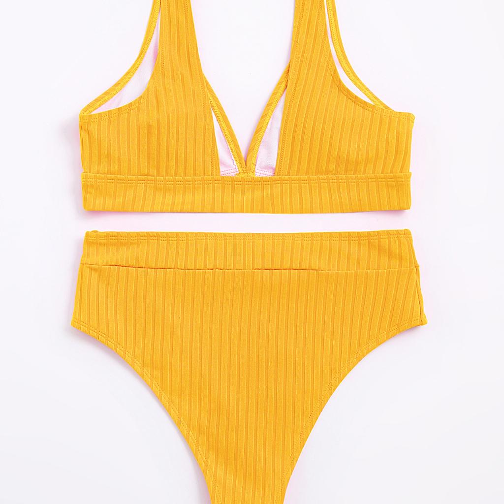 Women's Sexy V-neck Pit Striped Bikini High Waist Split Swimsuit 10 Colors