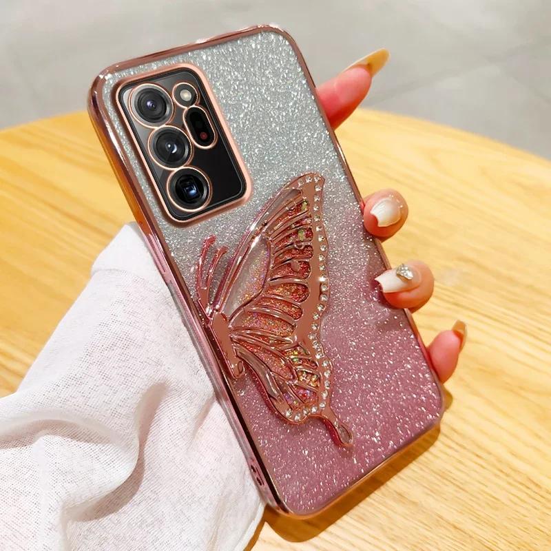 3D Чехол-глиттер с бабочкой для Samsung Galaxy Note 20 Ultra Note 10 Plus Note 8 9 Защита камеры Черный чехол