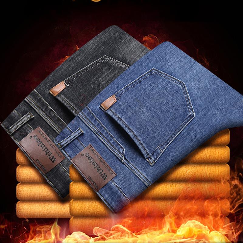 Новые осенне-зимние мужские утепленные и утолщенные джинсы эластичные узкие прямые универсальные джинсовые брюки