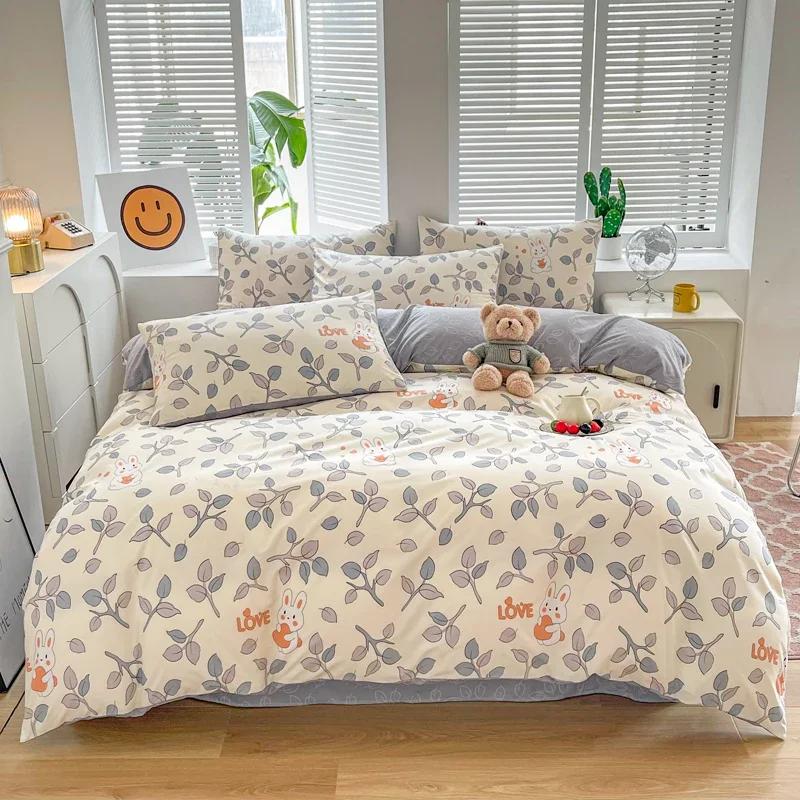 Комплект постельного белья с рисунком кролика Kawaii Bunny, ботанический цветочный принт, наволочка для одеяла, 4 шт., мягкий стираный хлопковый комплект постельного белья с рисунком из мультфильмов