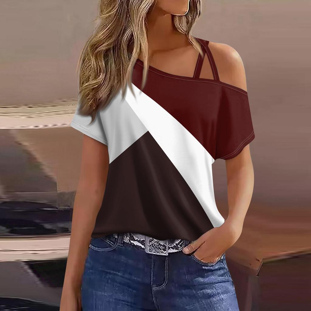 Women's Fashion Casual Print Sexy Cold Shoulder Short Sleeve T-shirt Top
