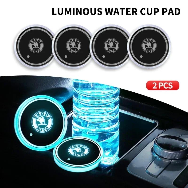 DPO3 Luminous Car Water Cup Coaster Holder 7 Colorful USB Charging Car Led Atmosphere Light For Skoda Superb 3 Estate 3V3 3V5 3T5 2