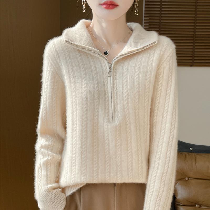 Women Sweater 100% Wool TIDENOVEL Turn-down Collar Knit Pullover Thick Winter Jumpers Female Knit Tops Zipper