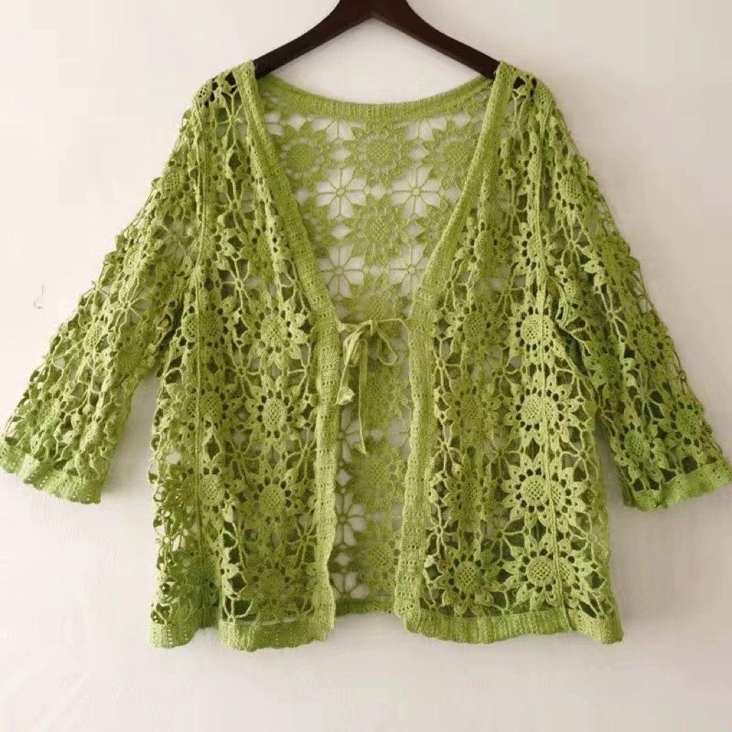 Женская трикотажная куртка с вырезами, хлопковый свободный кардиган, летняя солнцезащитная кружевная блузка с открытым передом