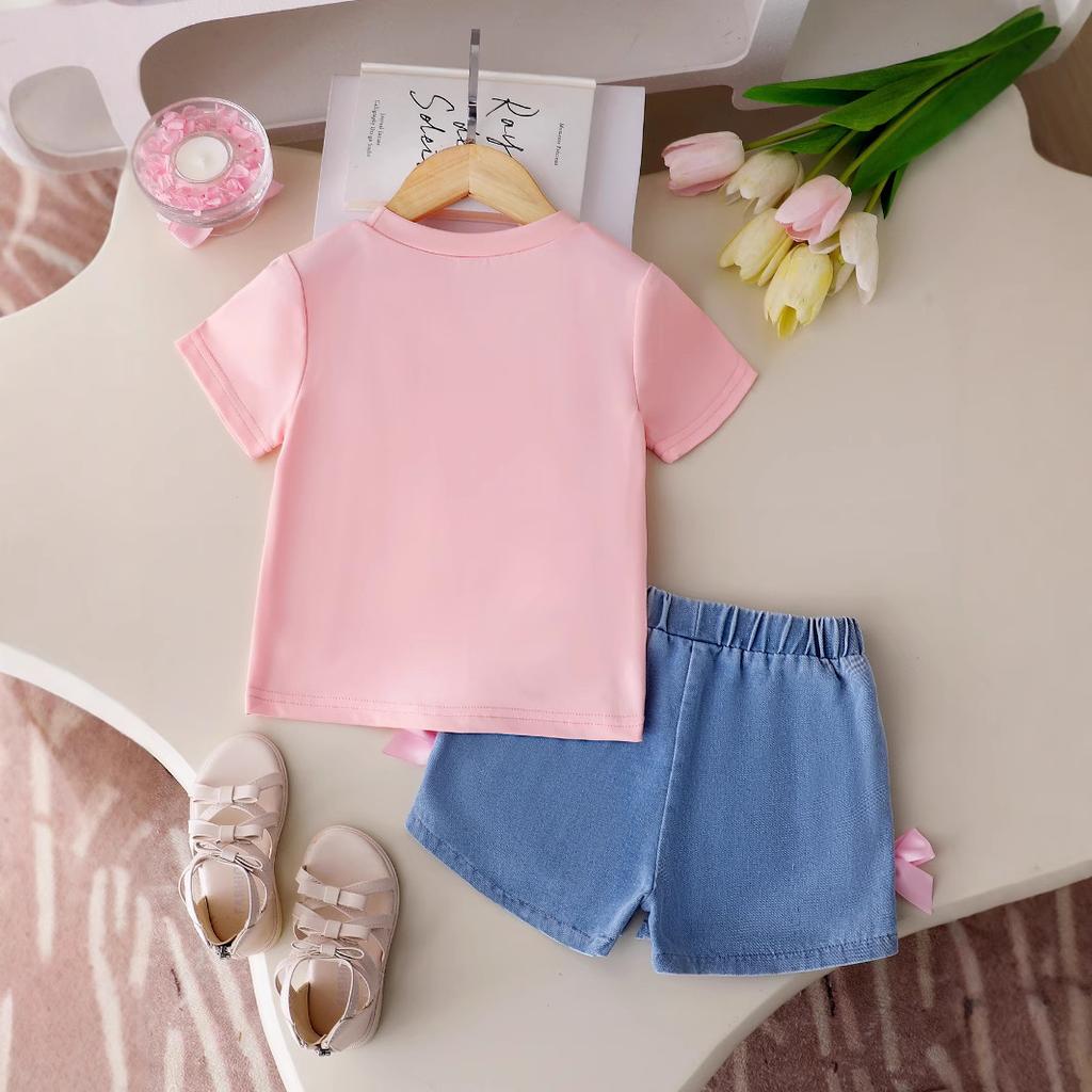 Girls' Casual Suit Summer Children's Fashion Round Neck Bow Short Sleeve Top Denim Shorts Two-piece Set