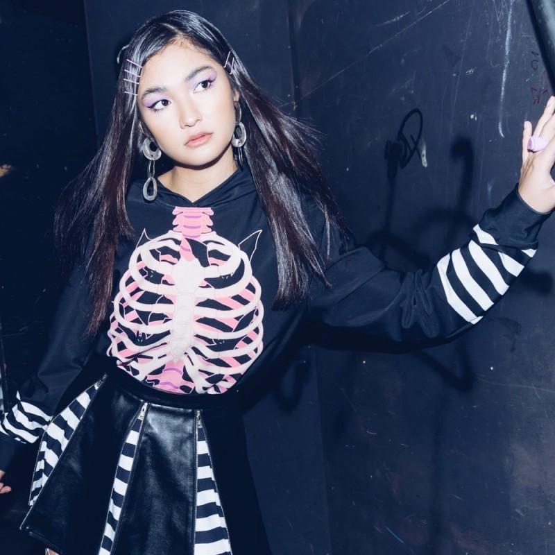 Womens Oversized Streetwear Hoodie With Bat Skeleton Print Long Sleeve Loose Fit Casual Pullover