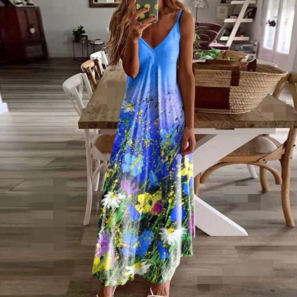 Повседневное модное женское облегающее длинное платье без рукавов с цветочным принтом на слинге