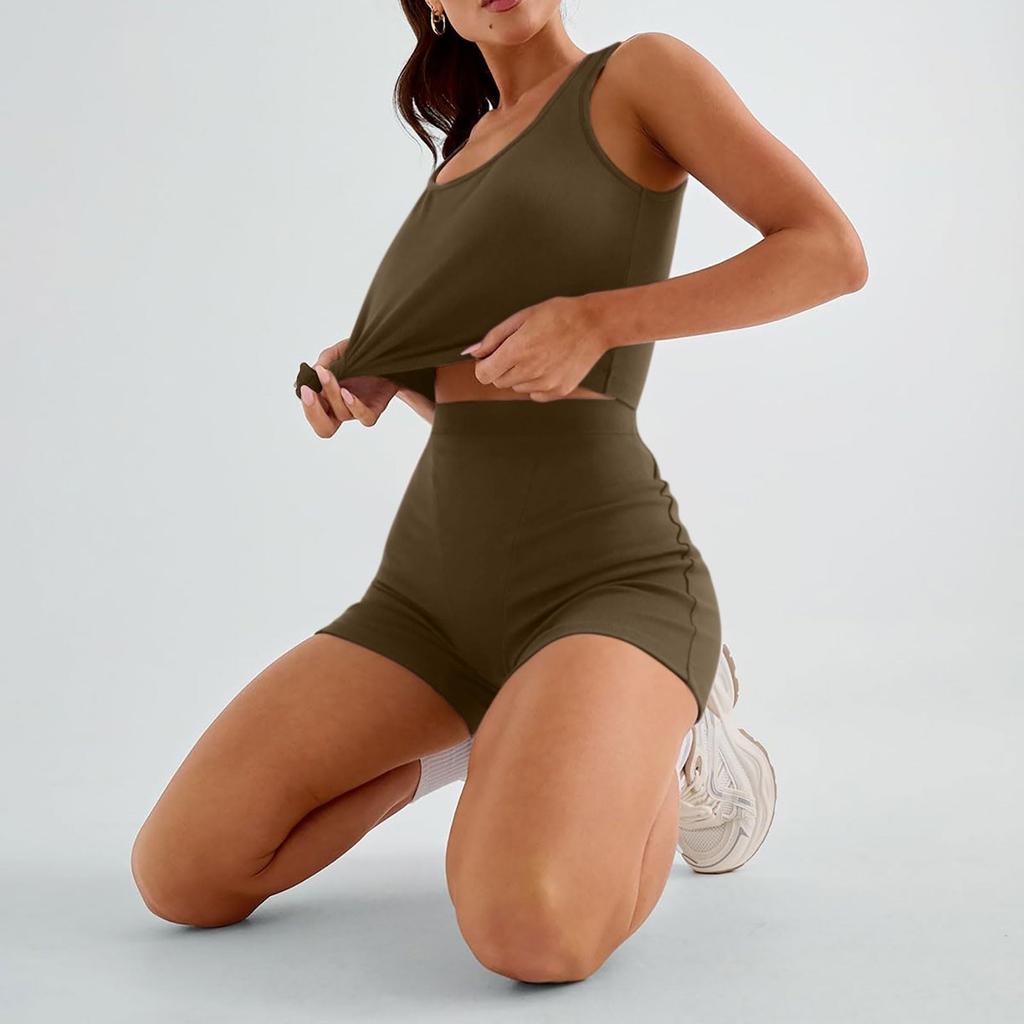 Женские комплекты из 2 предметов, летние шорты для тренировок, одинаковые комплекты, облегающие укороченные топы на бретелях, одежда для спортзала на выход