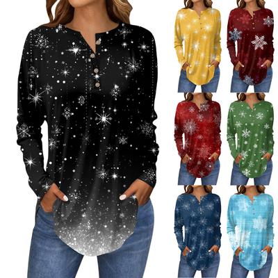 Женская модная блузка свободного кроя с пуговицами и воротником на пуговицах, с рождественским принтом и длинными рукавами