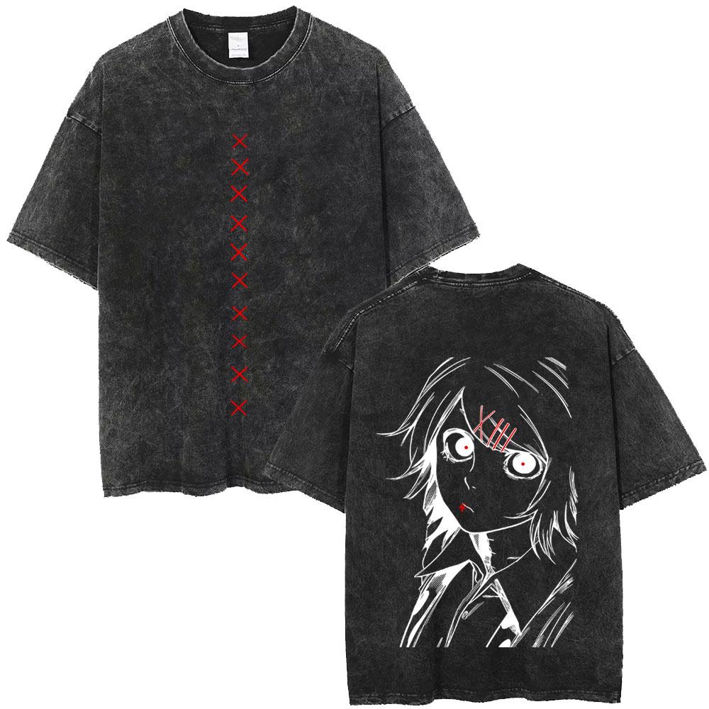 Anime Tokyo Ghoul Vintage Washed T-shirt Cartoon Kaneki Ken Graphic T Shirt Retro Manga Harajuku Oversized T-shirts Unisex