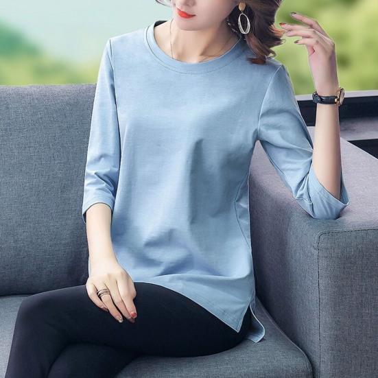 Women Tops O-Neck 3/4 Sleeve Solid Color Elastic Pullover Tops Regular Fit Summer T-shirt Daily Wear