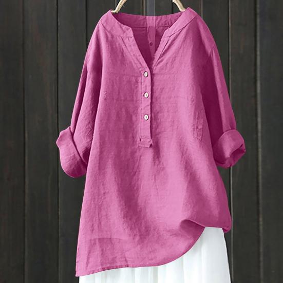 Women Casual Shirt V-Neck Buttons Half Placket Long Sleeve Blouse Solid Color Loose Fit Tunic Tops Office Lady Shirt