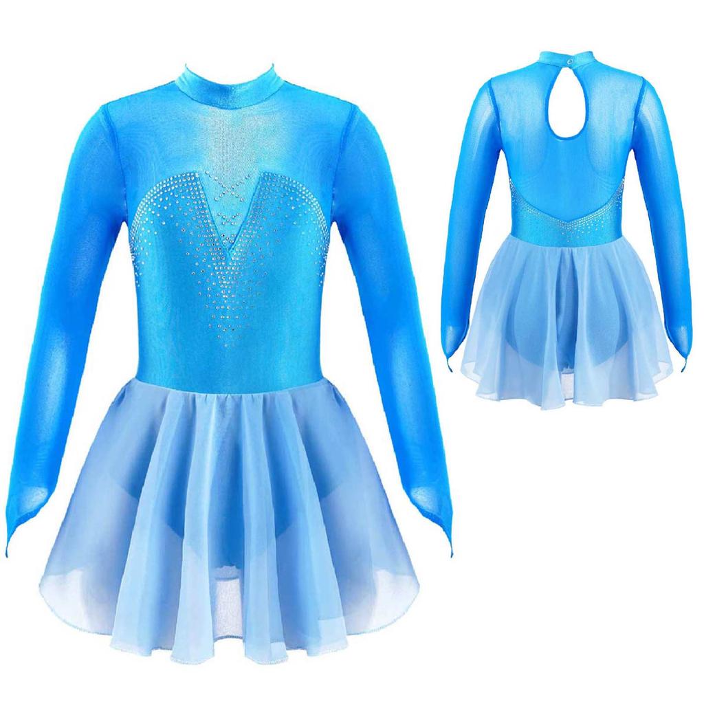 Kids Girls Sparkle Mesh Splice Figure Ice Skating Dress Gymnastic Dance Leotard Tutu Skirt Performance Dancewear