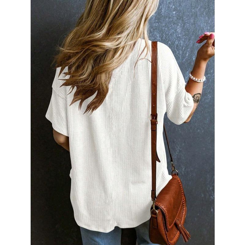 Плюс Размер Женский Летний Новый Повседневный Однотонный Пуловер С V-образным Вырезом Топ с Коротким Рукавом