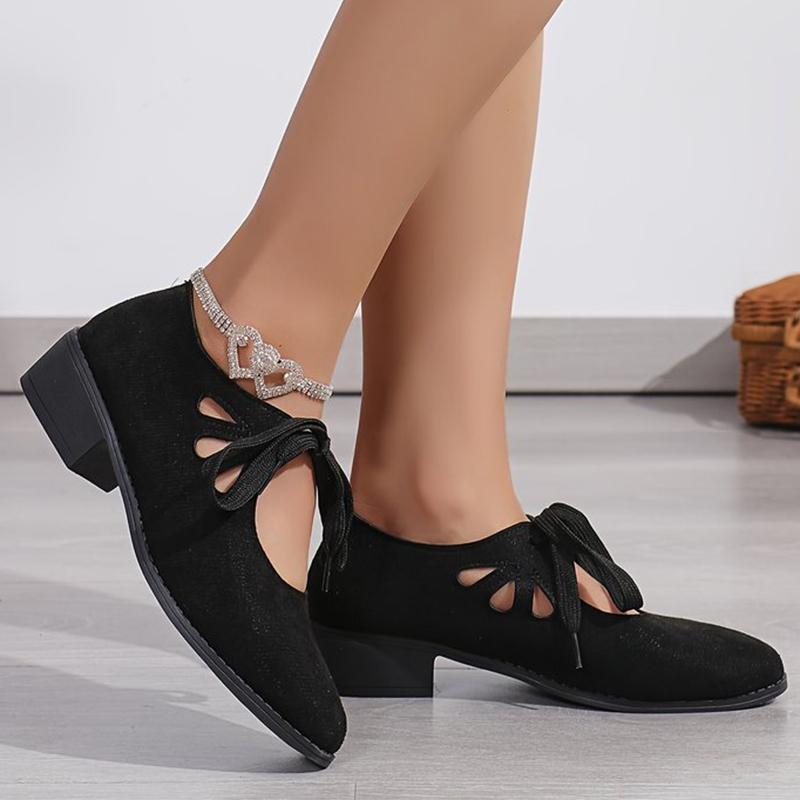 Faux Suede Mid Heel Pumps Women Hollow Out Lace Up Loafers Shoes Woman 2025 Pointed Toe Plus Size Heels Shoes Ladies
