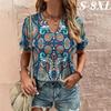 S-8XL Футболка размера плюс для женщин, летняя, ретро, этнический принт, короткий рукав, модные топы с V-образным вырезом, футболки, повседневная женская уличная одежда