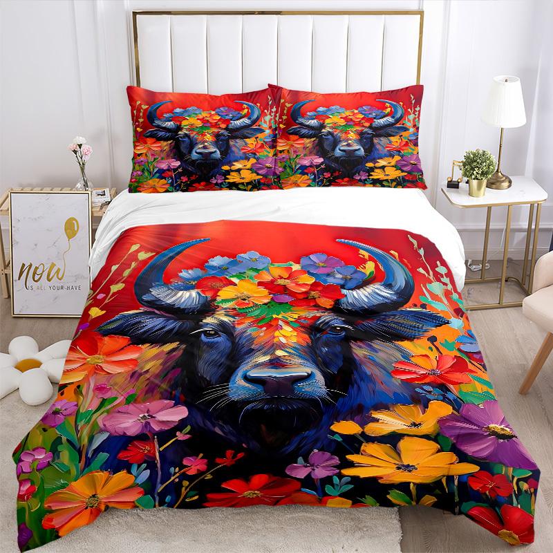 3pcs Bull Flowers Duvet Cover Set, 1 Duvet Cover + 2 Pillowcases (No Insert), High-Definition Print, Home & Dorm yy251123048