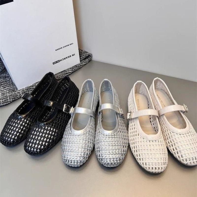 Fashion Women's Summer Weaving Casual Flats Shoes Comfortable Round Toe Cut-out Mary Jane with Straight Buckles Fishnet Sandals