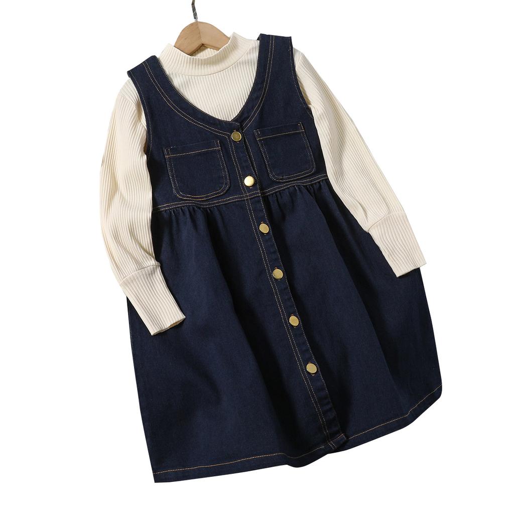 Костюм для девочек, весенне-осенний новый детский свободный вариант, корейская джинсовая юбка без рукавов на подтяжках