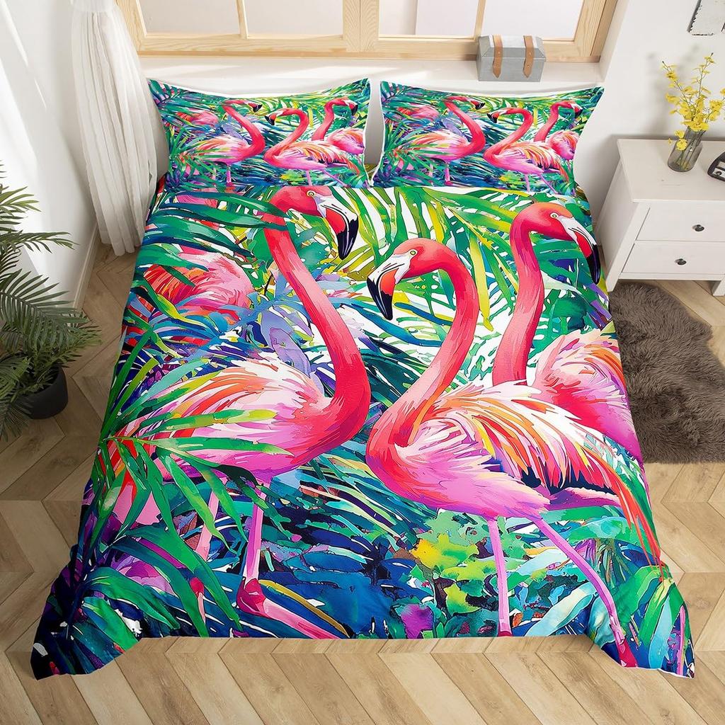 Chic Flamingo Duvet Cover Queen Beach Theme Tropical Animal Bedding Set, Coastal Sunset Comforter Cover Cute Wildlife Bed Set