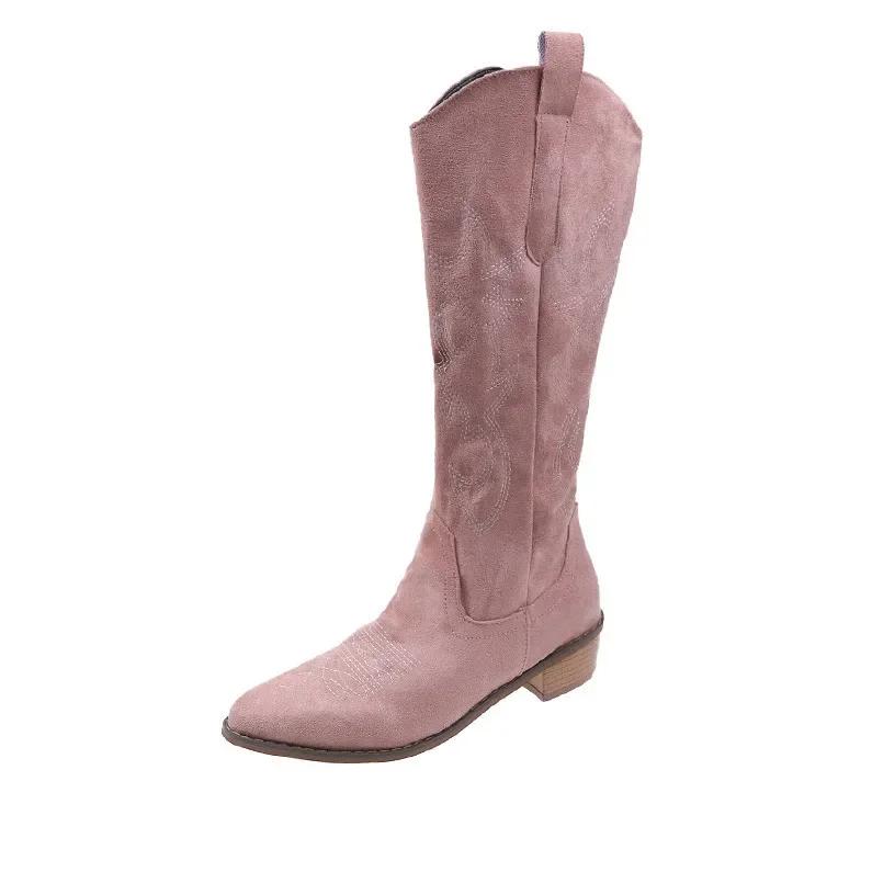 Вышитые ковбойские сапоги для женщин, осенние сапоги с острым носком и толстым каблуком, высокие сапоги до колена, женские свободные длинные сапоги из искусственной кожи