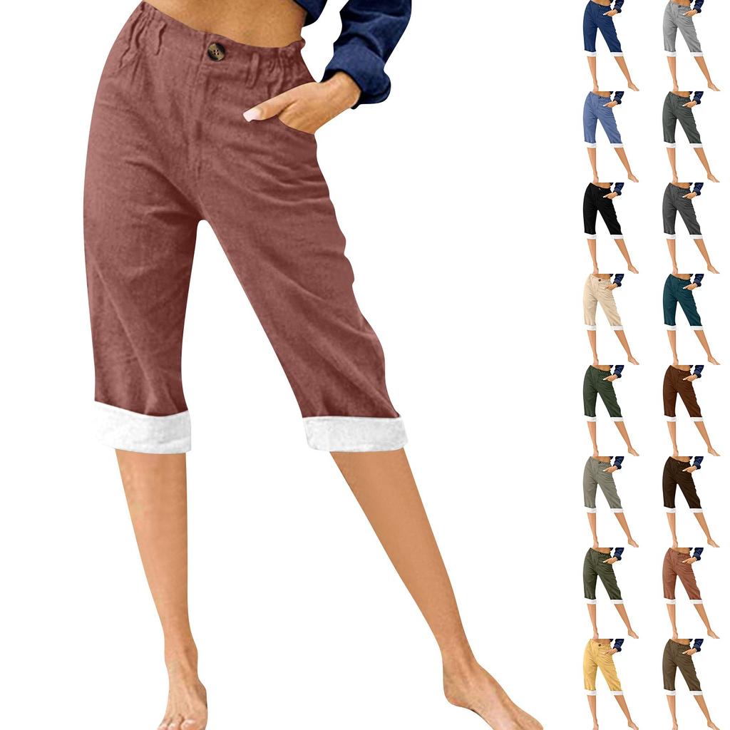 Fashion Pants For Women Solid Color Cotton Linen Fashion Loose High Waist Casual Cropped Pants