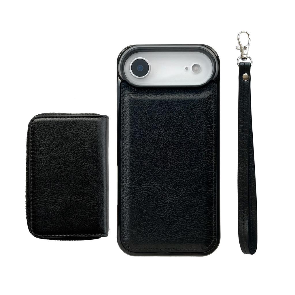 For iPhone Air Case Detachable Zipper Card Bag PU TPU Kickstand Phone Case with Strap