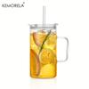 KEMORELA 740ML Large Ribbed Glass Tumbler with Handle and Lid Set of 1/2 Clear Glass Cups with Reusable Straws for Iced Coffee