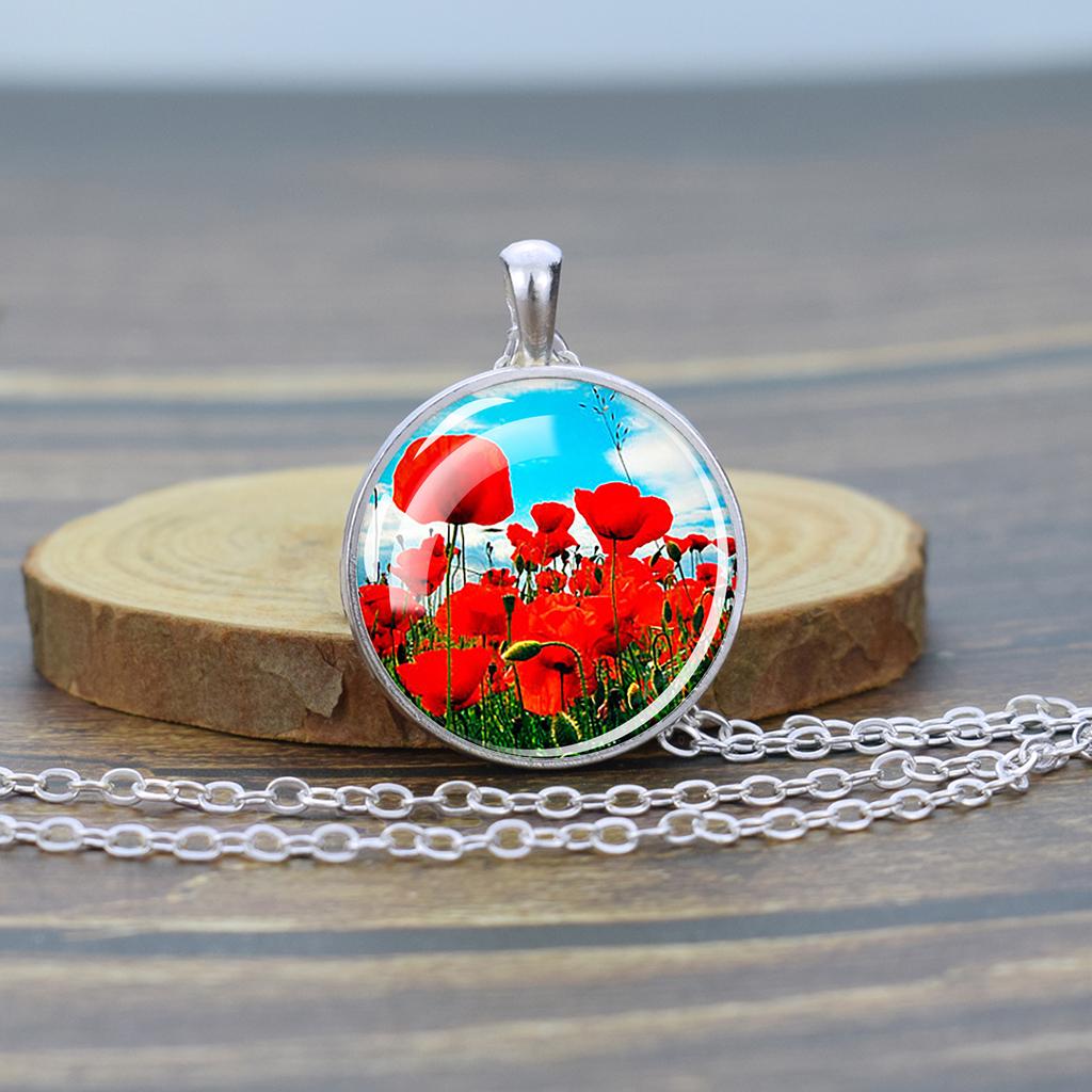 Flower Necklaces Rose Lotus Poppy Cherry Blossoms Sunflower Chains Necklace for Women Glass Cabochon Pendant Jewelry Lover Gift