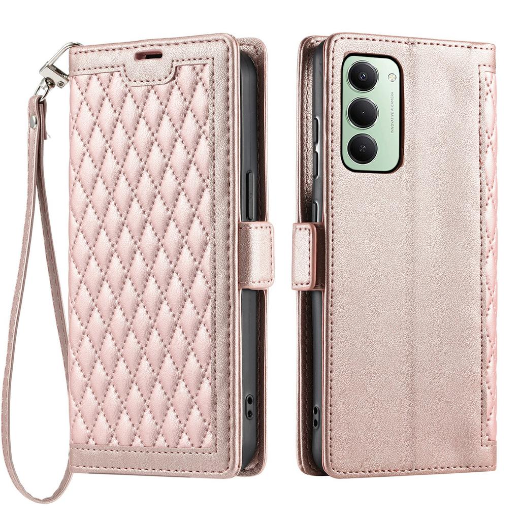 For Xiaomi Redmi 15 5G (EU) (171mm)/4G (EU) (171mm) Leather Case Rhombus Texture Wallet Stand Phone Cover with Wrist Strap