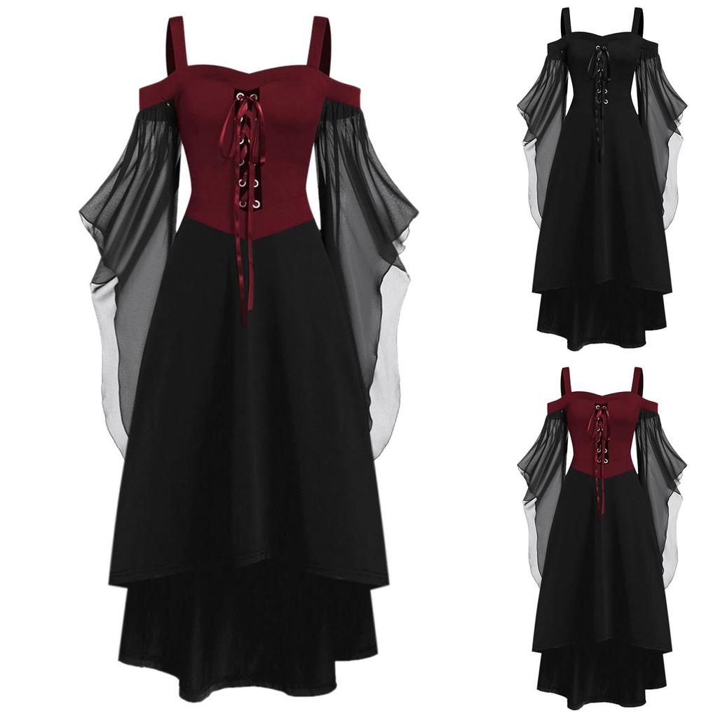 Женский модный костюм на Хэллоуин, винтажные готические однотонные лоскутные платья