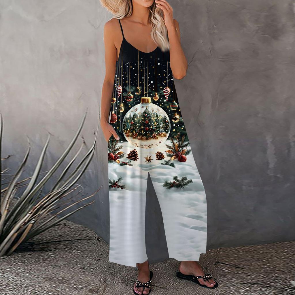 Женский рождественский принтованный комбинезон, свободный, с регулируемыми подтяжками