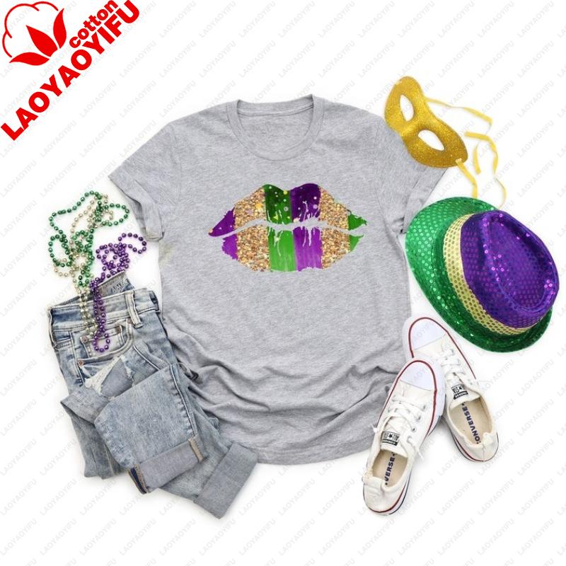 Mardi Gras Lips Fleur De Lis Shirt Fat Tuesday Womens Tee Oversized T Shirt Women Clothes Graphic T Shirts Y2k Aesthetic Tops