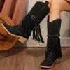 Fashion Vintage Tassels Knee High Boots Women Rivet Decoration Thick Heeled Western Boots Woman Zip High Tube Cowboy Booties Plus Size