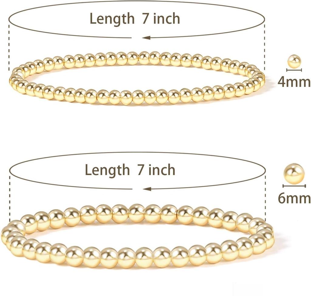Gold Plate Bead Bracelet for Women 14K Gold Plated Bead Ball Bracelet Stretchable Elastic Hypoallergenic Bohemian Stackable