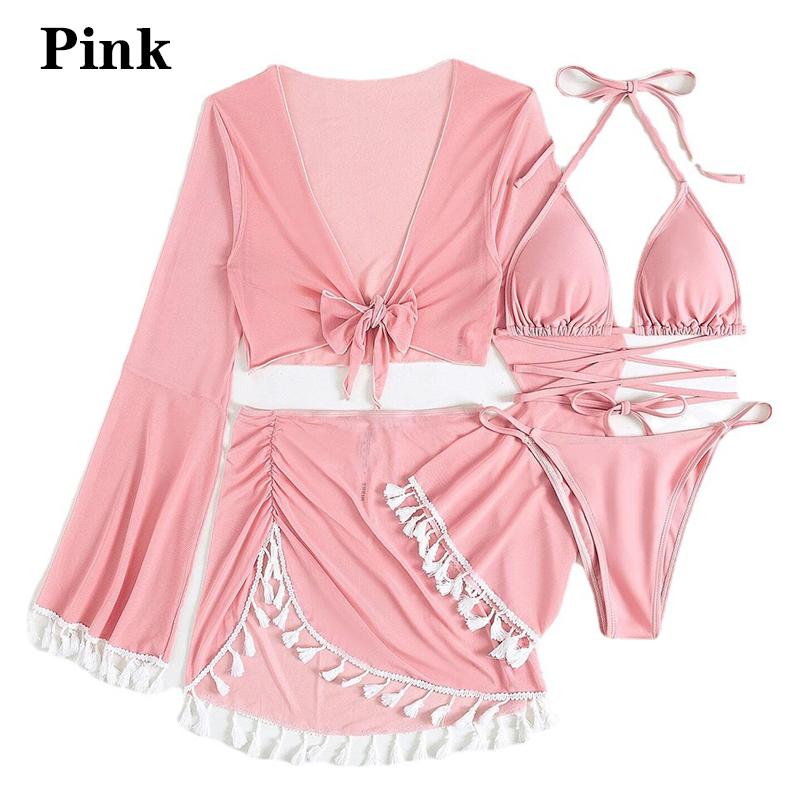 New Women's Split Four Piece Bikini Swimsuit Sexy Solid Lace Up Bikini Elegant Tassel Long Sleeve Fresh Beach Bikini