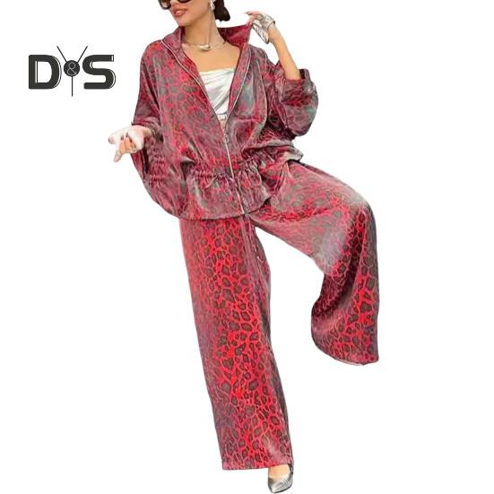 Комплект из 2 предметов: женская рубашка и брюки, леопардовый принт, застежка-молния, длинный рукав, плиссированный топ, свободные широкие брюки, рабочая одежда для поездок на работу