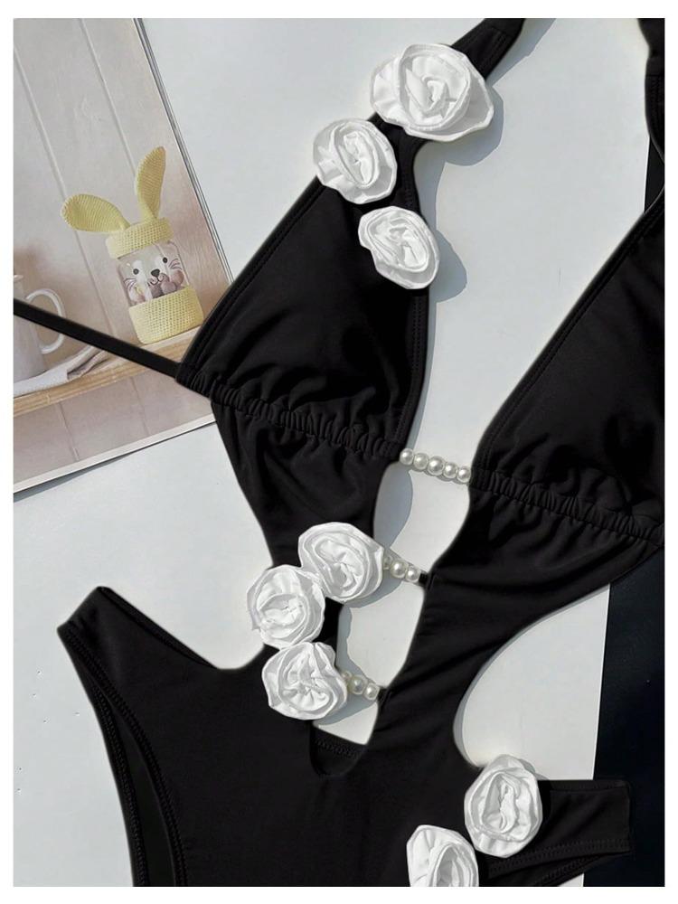 Модный купальник-бикини с декором из цветов и жемчуга, с глубоким V-образным вырезом и вырезами, для пляжа