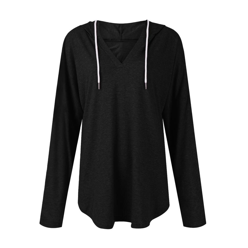 Women's Fashion Casual V-Neck Solid Colour Hooded Drawstring Long Sleeve Fitness Top
