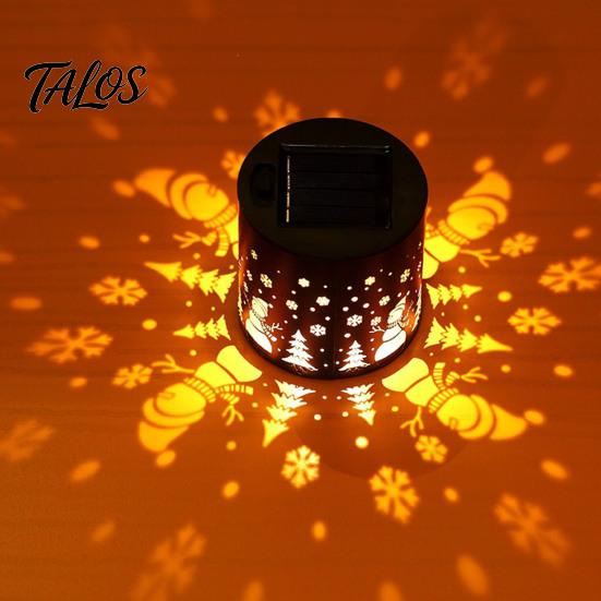 Portable Tabletop Holiday Lamp Christmas Solar Projection Light, Snowman Santa Waterproof Metal Wall Lantern, Powered Party Decorative Warm White And