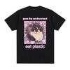 Save The EnvironUnisext Eat Plastic Cute Cat Graphic T Shirt Funny Unisex Women ONeck Clothing TshirtsCotton Oversized Tshirt