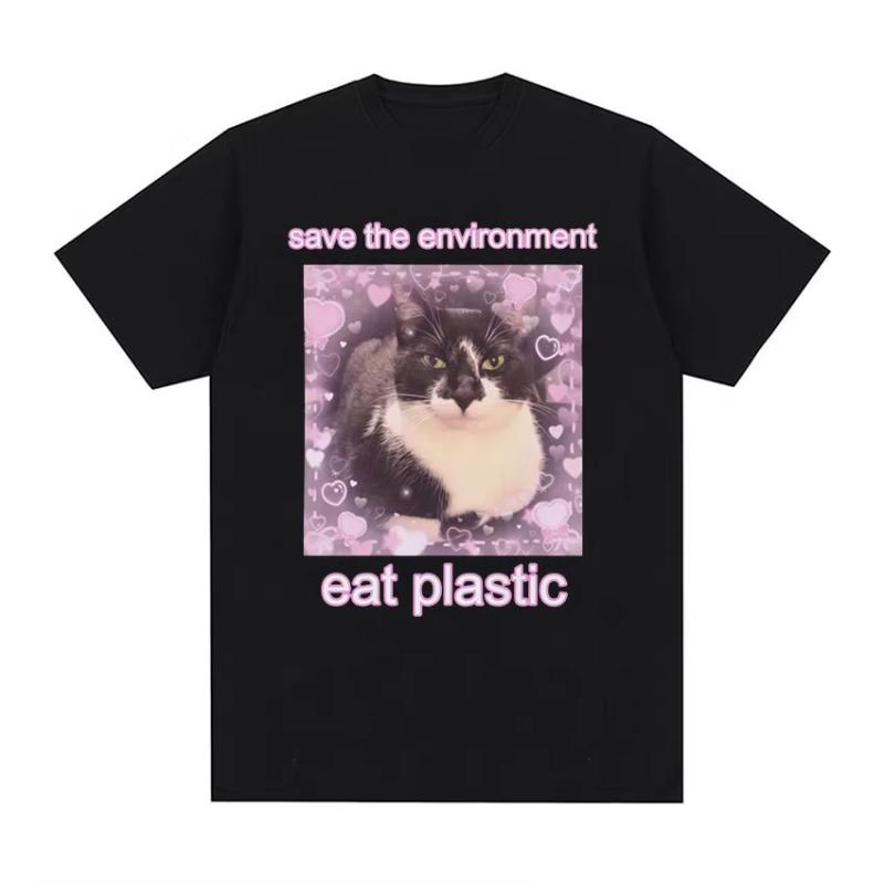 Save The EnvironUnisext Eat Plastic Cute Cat Graphic T Shirt Funny Unisex Women ONeck Clothing TshirtsCotton Oversized Tshirt