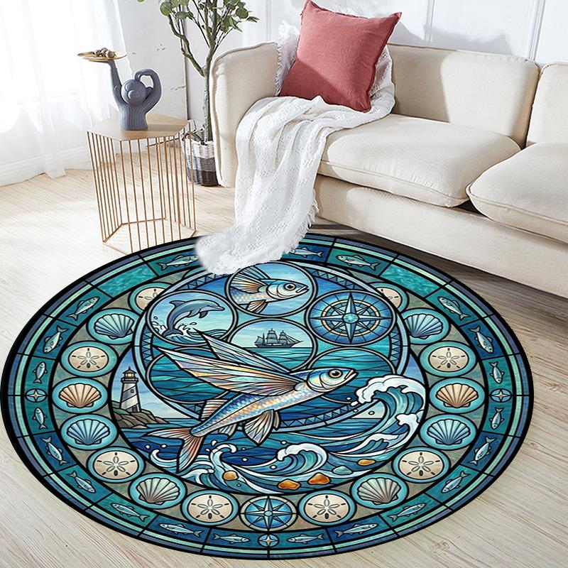 Ocean Wildlife Glass Round Area Rug Under Office Chairs Bedroom Living Room Home Decor