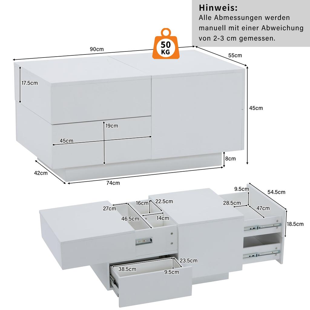 Couchtisch, Moderner Ausziehbar, kreativer Sofatisch Kaffeetisch 4 Schubladen verstecktem Ablagefach, Mitteltisch Wohnzimmer Büro, Weiß