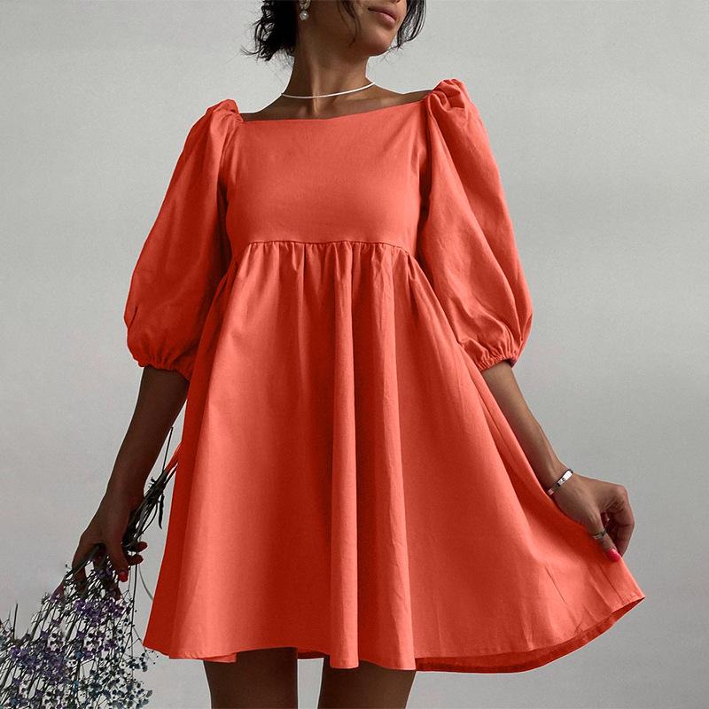 Однотонное мини-платье с рукавами-фонариками: Квадратный вырез на одно плечо в семи весенне-летних цветах