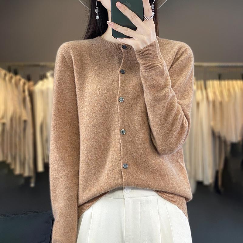 Women's Wool Cardigan: Autumn/Winter Round Neck Long Sleeve Knit Sweater, Slimming & Loose Fit